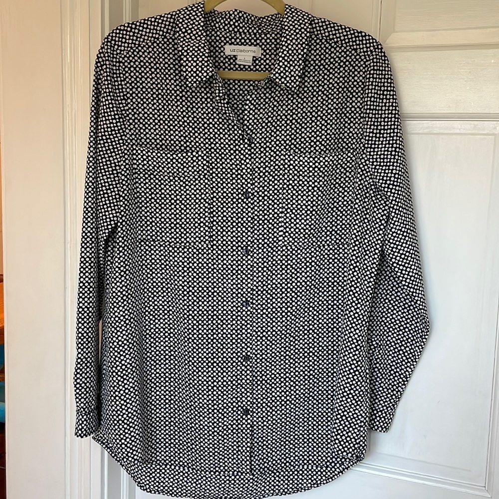 Liz Claiborne, L, navy and white polka dot blouse